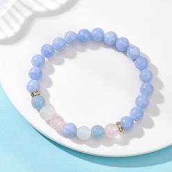 Синий Кружевый Агат Круглые бусины из натуральных смешанных драгоценных камней и латунные стразы, эластичные браслеты для женщин, бусины : 8 мм, внутренний диаметр: 2-1/4 дюйм (5.85 см)
