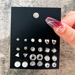 Платина Комплекты сережек из сплава и пластика с жемчугом и стразами, платина, 6~70 мм, 6 пар / набор