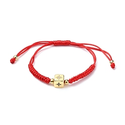 Red Adjustable Nylon Thread Braided Bead Bracelets, Red String Bracelets, with Golden Plated Brass Micro Pave Cubic Zirconia Beads, Cube with Star, Red, Inner Diameter: 1~3-3/8 inch(2.4~8.5cm)
