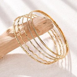 Настоящее золото 18K 5шт 304 набор браслетов из нержавеющей стали для женщин, реальный 18 k позолоченный, 1~2.2 мм, внутренний диаметр: 2-1/2 дюйм (6.45~6.5 см)