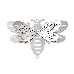 Bees 304 хрустальные стразы из нержавеющей стали 3 подвески-соединители в виде насекомых, гравированные металлические украшения, цвет нержавеющей стали, Пчелы, 62x95x7 мм, отверстия : 3.3 mm и 3.8 мм