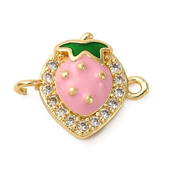 Платина Латунные микропаве прозрачные кубические цирконии фруктовые соединители подвески, розовые и зеленые эмалевые клубничные звенья, стойки покрытие, долговечный, без кадмия и без свинца, платина, 12x15x3 мм, отверстия : 1.2 mm и 1.5 мм