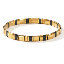 Черный Стеклянные бусины эластичные браслеты для женщин, прямоугольные, чёрные, 6.30 дюйм (16 см) ~ 6.50 дюйм (16.5 см)