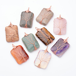 Смешанные камни Натуральный и синтетический драгоценный камень большие подвески, с фурнитурой латуни розового золота тон, прямоугольник с деревом жизни, 52.5x30x8.5 мм, отверстие : 4.5 мм