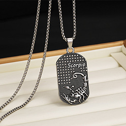 Скорпион 201 Овальные подвески из нержавеющей стали с выгравированными созвездиями для мужчин, античное серебро, Скорпион, 23.62~27.56 дюйм (60~70 см)