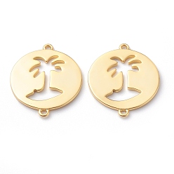 Real 18K Gold Plated Brass Links Connectors, Long-Lasting Plated, Flat Round with Palm Tree, Real 18K Gold Plated, 21.5x18x1mm, Hole: 1mm
