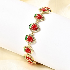 Красный Латунь микро проложить кубического циркония браслеты ссылку, с эмалью, стойки покрытие, долговечный, без свинца и без кадмия, реальный 18 k позолоченный, клубника, красные, 7-3/8 дюйм (18.6 см)