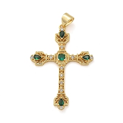 Морско-зеленый Латунные микро проложить кубического циркония подвески, крест прелести, стойки покрытие, без кадмия и без свинца, прочное покрытие, реальный 18 k позолоченный, цвета морской волны, 36x25.5x2.5 мм, отверстие : 4x3 мм