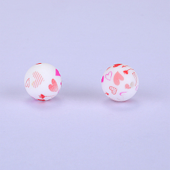 White Printed Round with Heart Pattern Silicone Focal Beads, White, 15x15mm, Hole: 2mm