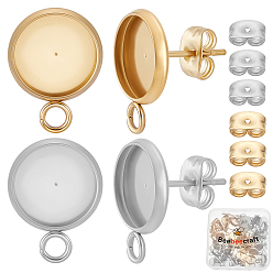 Mixed Color 48Pcs 2 Styles Stainless Steel Stud Earring Findings, with Cabochon Settings, Flat Round, with 48Pcs 2 Styles Stainless Steel Ear Nuts, Mixed Color, 15.5x11.5mm, Hole: 2.5mmTray Size: 10mm