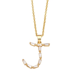 Letter J Unisex Brass Micro Pave Clear Cubic Zirconia Pendant Necklaces with Cable Chain, Letter, Letter J, 17.72 inch(45cm)
