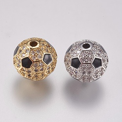 Mixed Color Brass Micro Pave Cubic Zirconia Beads, with Enamel, Round, Black & Clear, Mixed Color, 9.5mm, Hole: 1mm