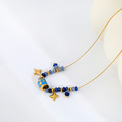 Sodalite Natural Sodalite Rondelle Beads and 304 Stainless Steel Enamel Deep Sky Blue Column Star Pendant Necklaces for Women, Golden, 16.54 inch(42cm)