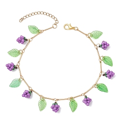 Сине-фиолетовый Браслеты на ногу из латуни с кисточками из акриловых листьев и стеклянных бусин в виде винограда для женщин, золотые, синий фиолетовый, 9-1/2 дюйм (241 мм)