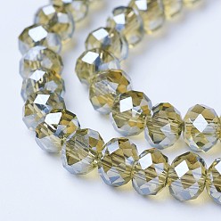 Dark Khaki Electroplate Glass Beads Strands, Pearl Luster Plated, Faceted, Rondelle, Dark Khaki, 8x6mm, Hole: 1mm, about 65~72pcs/strand, 15.7~16.1 inch(40~41cm)