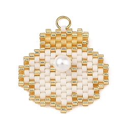 Blanco Colgantes de cuentas de semillas de vidrio y perlas de concha, encantos de forma de concha, con 304 anillos de salto abiertos de acero inoxidable, blanco, 21x22x6 mm, agujero: 2.5 mm
