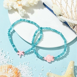 Бледно-Розовый 2шт. 2 стили синтетических бирюзовых и окрашенных натуральных нефритовых бусин-ронделей из Малайзии эластичные браслеты для женщин, черепаха и морская звезда, розовый жемчуг, внутренний диаметр: 2.05~2.13 дюйм (5.2~5.4 см), 1 шт / стиль