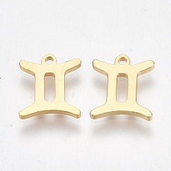 Близнецы Ионное покрытие (ip) 304 брелоки из нержавеющей стали, созвездие, реальный 18 k позолоченный, Близнецы, 9.5x8x1 мм, отверстие : 0.8 мм