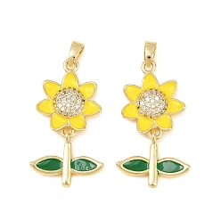 Золотой Латунные микропаве прозрачные подвески с фианитом, с эмалью, прелести подсолнуха, долговечный, стойки покрытие, без свинца и без кадмия, золотые, 29x14x4 мм, отверстие : 5x2.5 мм