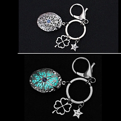 Oval Luminous Pendant Keychain, with Metal Key Rings, Cyan, Oval, 14cm