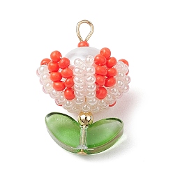 Красный Подвески из нейлоновой проволоки, стеклянные бусины ручной работы с круглыми стеклянными бусинами и 304 штифтами с плоской головкой из нержавеющей стали, цветок, красные, 25x15x15 мм, отверстие : 2.5x3 мм