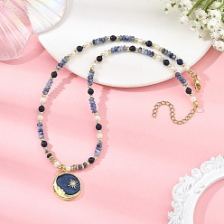 Blue Brass Enamel Moon Sun Pendant Round Natural Lapis Lazuli and Rondelle Blue Spot Jasper Beaded Necklaces for Women, Golden, Blue, 16.14 inch(41cm)