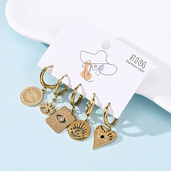 Золотой 5 шт. 304 серьги-кольца из нержавеющей стали со стразами, глаз, сердце и прямоугольник, золотые, 27.5~31x9.5~12 мм