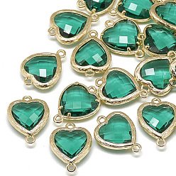 Темный Голубой Соединители стеклянные ссылки, с фурнитурой латунной золотого тона, граненые, сердце, темные голубые, 15x10x3 мм, отверстие : 1 мм