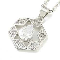 Нержавеющая Сталь Цвет 304 из нержавеющей стали кабель цепи ожерелья, латунные прозрачные кубические цирконии шестигранные с подвеской в виде капли, цвет нержавеющей стали, 17.44 дюйм (44.3 см)