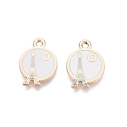 Белый Стойки обшивки сплава эмали подвески, плоская круглая форма с подвесками в виде Эйфелевой башни, золотые, белые, 15x11x1.5 мм, отверстие : 1.5 мм