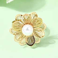 Цветок 201 регулируемые манжеты из нержавеющей стали с открытыми кольцами для женщин, золотые, с ABS имитации жемчуга, цветок, 23x25 мм, внутренний диаметр: 18 мм