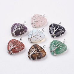 Смешанные камни Природные и синтетические смешанные каменные подвески, с латунной фурнитурой платинового цвета, сердце, 40x31x10 мм, отверстие : 5 мм