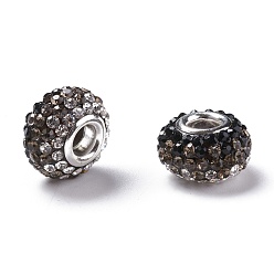 Jet Resin Rhinestone European Beads, Grade A, with Silver Plated Brass Double Cores, Rondelle, Jet, 15x10mm, Hole: 5mm