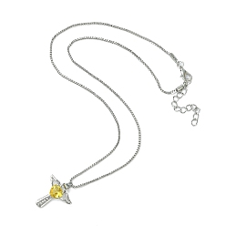 Yellow Cubic Zirconia Fairy with Heart Pendant Necklace with Box Chains, Platinum Zinc Alloy Jewelry for Women, Yellow, 18.98 inch(48.2cm)