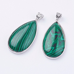 Малахит Синтетические малахита большие кулоны, с латунной фурнитурой платинового цвета, без свинца и без никеля , слеза, 50x26x9 мм, отверстие : 5x6 мм