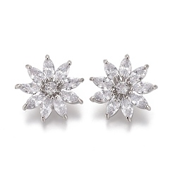 Платина Пуговицы на хвостовике из латуни с микропейвом и прозрачным кубическим цирконием, цветок, платина, 16x14x8.5 мм, отверстие : 1.4 мм