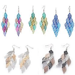 Mixed Color Fashion Small Nine Pieces Brass Dangle Earrings, with Earring Hooks, Leaf, Mixed Color, 81mm, Pendant: 60x27mm, Pin: 0.8mm