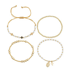 Золотой 4шт. регулируемые пластиковые плетеные браслеты с имитацией жемчуга, Металлические браслеты с крестом и овальными подвесками, эластичные., золотые, внутренний диаметр: 6.89~11.02 дюйм (17.5~28 см)