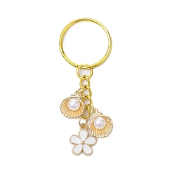 Golden Alloy Keychain, with Iron Ring, Shell with Flower, Golden, 6.8cm