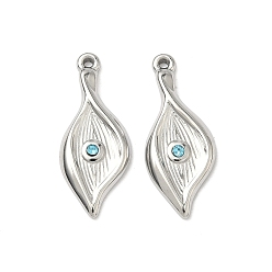 Stainless Steel Color 304 Stainless Steel Rhinestone Pendants, Leaf Charms, Stainless Steel Color, 27x11x3mm, Hole: 1.2mm