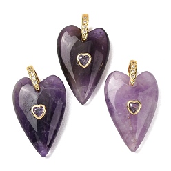 Amethyst Natural Amethyst Pendants, Heart, Golden, 30x20x9~9.5mm, Hole: 6x6.5mm
