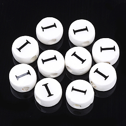 Letter I Фарфоровые бусины ручной работы, горизонтальное отверстие, плоские круглые с буквы, белые, letter.i, 8~8.5x4.5 мм, отверстие : 2 мм