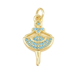 Golden Brass Micro Pave Sky Blue Cubic Zirconia Pendants, Ballerina Charms, Golden, 21x12x2mm, Hole: 3.2mm