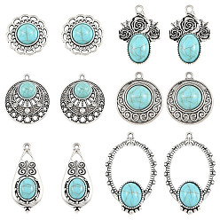 Mixed Shapes 12Pcs 6 Styles Dyed Synthetic Turquoise Pendants, with Tibetan Style Alloy Settings, Antique Silver, Mixed Shapes, 20.5~41.5x22.5~28.5x5.5~7mm, Hole: 1.5~2.2mm, 2pcs/style