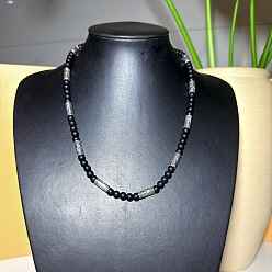 Antique Silver Vintage Frosted 6MM Natural Black Onyx(Dyed & Heated) Round Beaded Necklaces with Alloy Tube for Men, Antique Silver, 17.72 inch(45cm)