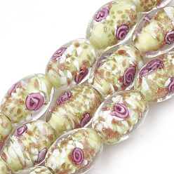 Зелено-Желтый Бусины ручной работы бусины золотого песка, со цветком внутри , барабан, зеленый желтый, 15~17x11~13 мм, отверстие : 1.5~2 мм