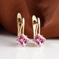 Ярко-Розовый Серьги-кольца с ромбами из латуни и микропаве из кубического циркония, золотые, ярко-розовый, 17x13 мм