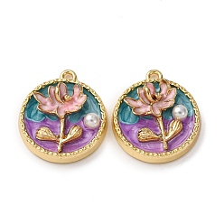 Плоский Круглый Подвески из эмалевого сплава легкого золота, , с ABS имитации жемчуга, стойки покрытие, плоско-круглые, 25x22x7 мм, отверстие : 1.8 мм