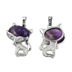 Amethyst Natural Amethyst Pendants, Platinum Plated Brass Fox Charms, 30.5x25x9mm, Hole: 5x7.5mm