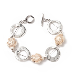 (404) Непрозрачное AB Кислое яблоко Браслеты с синтетическими бирюзовыми (окрашенными) черепаховыми звеньями, с нестандартным кольцом из сплава в тибетском стиле и 304 застежками-тоггл из нержавеющей стали, цветочный белый, 7-5/8 дюйм (19.5 см)